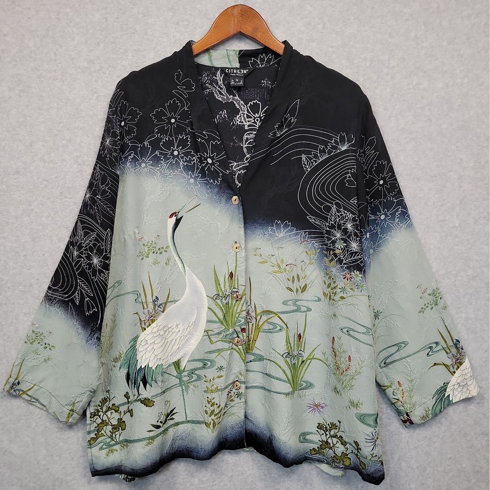 CITRON Santa Monica 1X Silk Crane Bird V-neck Asian Art Blouse Button Up Tunic